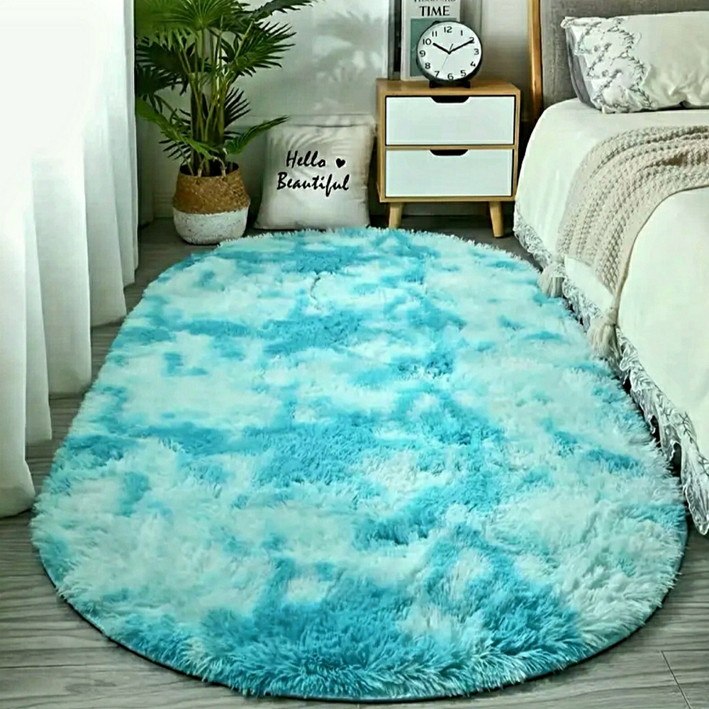 Plush Blue Tie- dye Shag Area Rug - Soft Faux Fur Accent
